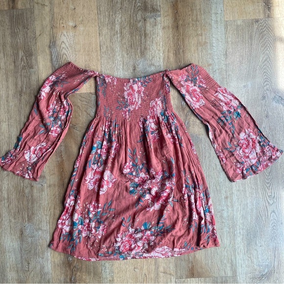Billabong Off Shoulder Floral Mini Dress XS Boho Smocked Bell Sleeve Rust - Picture 1 of 5